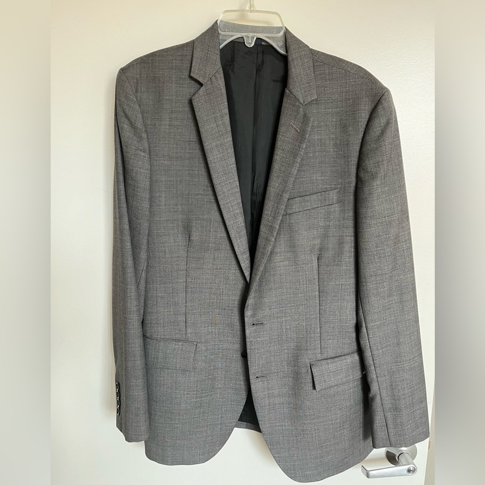J crew charcoal grey suit with two pairs of pants size 40R jacket, 34/30 pants